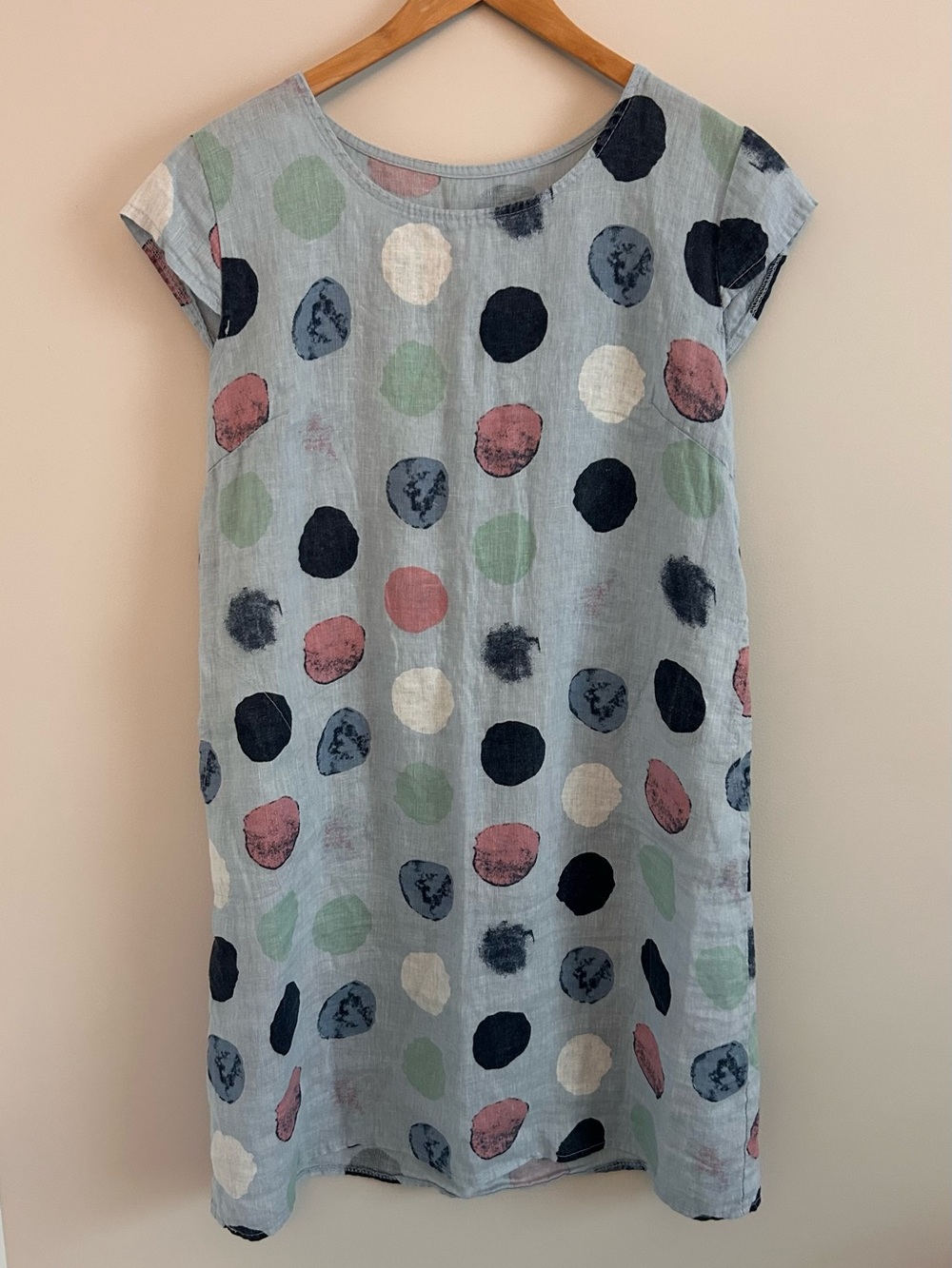 Made in Italy 100% Linen Polka Dot Tunic Dress Top Blue OS